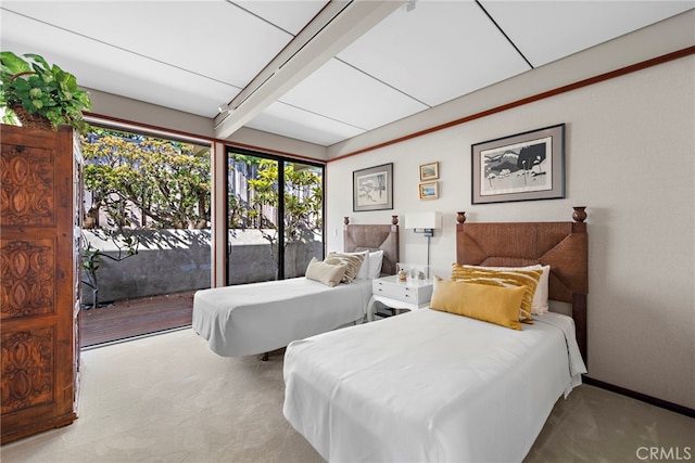 bedroom featuring beam ceiling, access to exterior, and light carpet