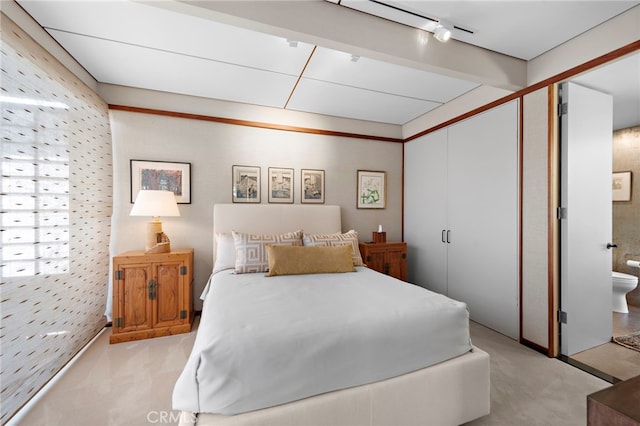 carpeted bedroom featuring connected bathroom, a closet, and track lighting