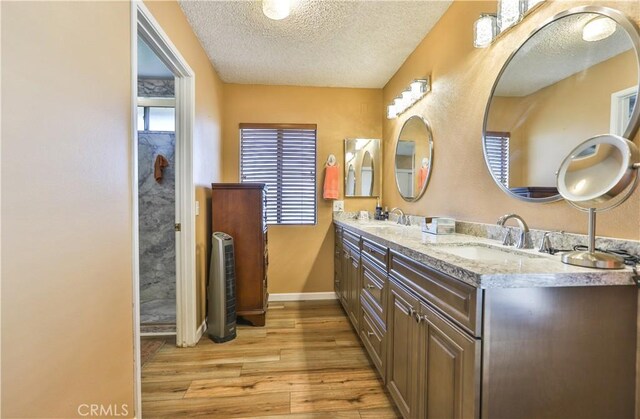 bathroom featuring wood-type flooring, vanity, and a textured ceiling