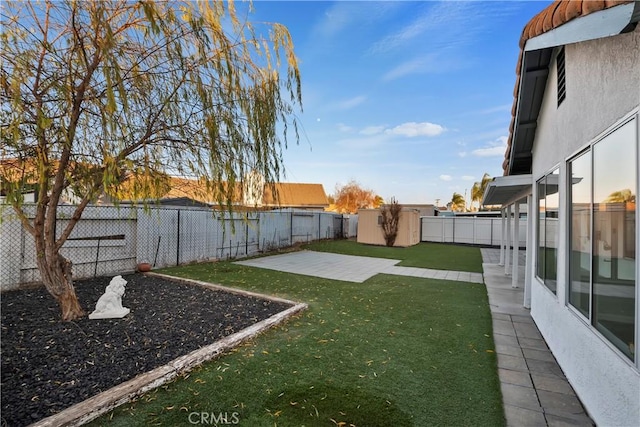 view of yard featuring a storage unit and a patio area