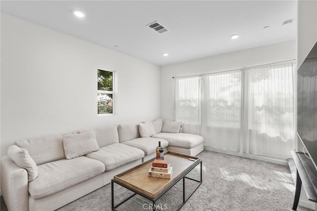 living room with a wealth of natural light and light carpet