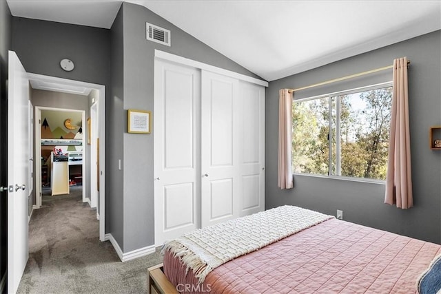 carpeted bedroom featuring a closet and lofted ceiling