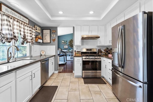 kitchen with sink, stainless steel appliances, light tile patterned floors, a tray ceiling, and white cabinets