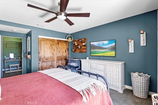 carpeted bedroom featuring ceiling fan