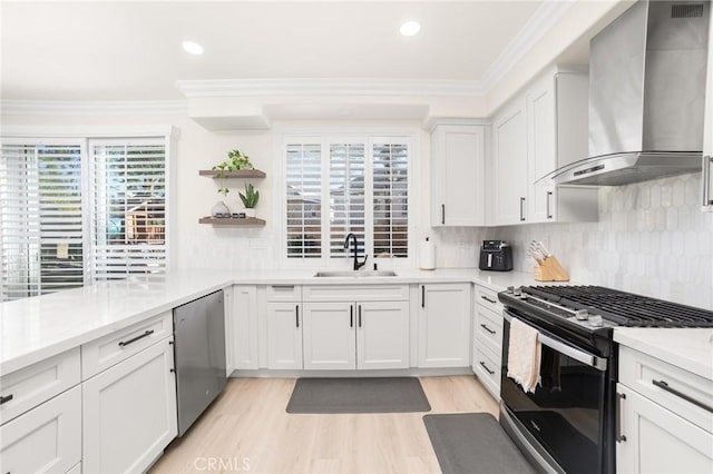 kitchen featuring white cabinets, sink, wall chimney exhaust hood, tasteful backsplash, and stainless steel appliances