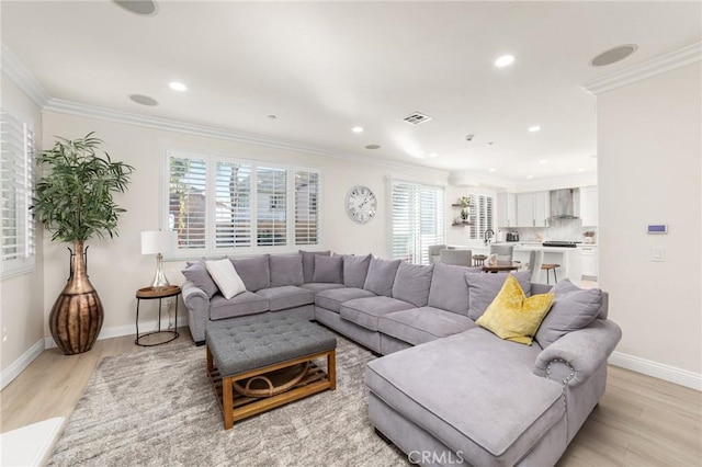 living room with light hardwood / wood-style floors, plenty of natural light, and crown molding