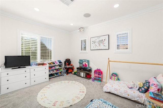 recreation room featuring light carpet and ornamental molding