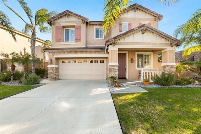 craftsman-style home with a front lawn, a porch, and a garage