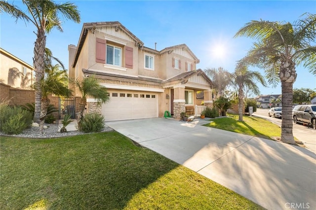 craftsman-style home featuring a garage and a front lawn