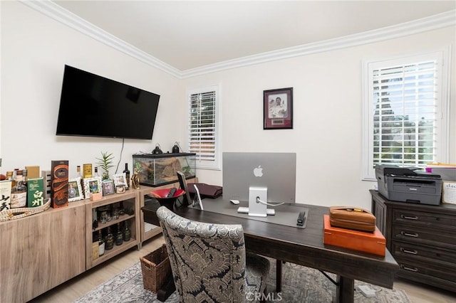 office with light wood-type flooring and crown molding