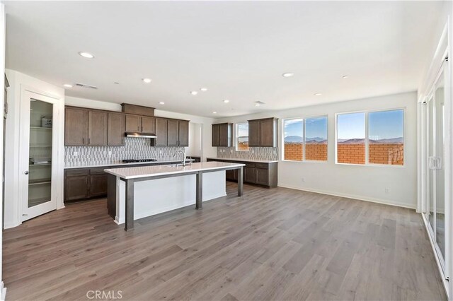 kitchen with gas stovetop, tasteful backsplash, light hardwood / wood-style flooring, a breakfast bar, and a center island with sink