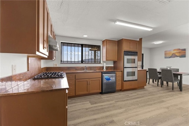 kitchen with sink, white double oven, black dishwasher, light hardwood / wood-style flooring, and range hood