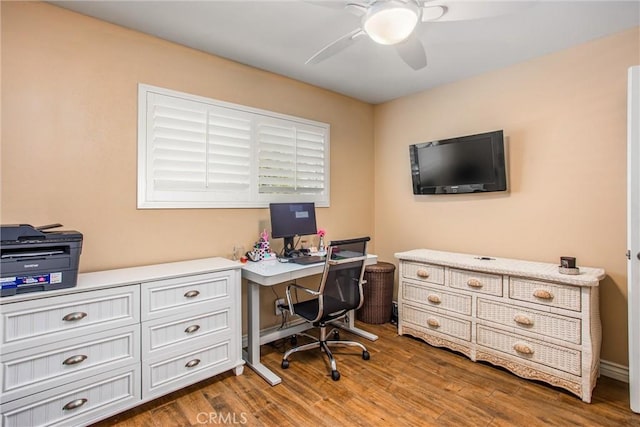 office space with ceiling fan and hardwood / wood-style flooring