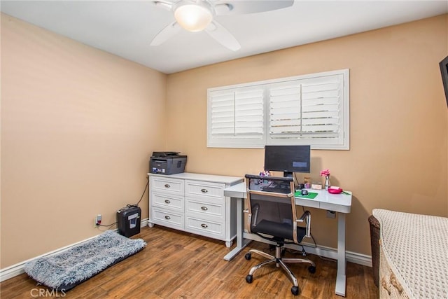 home office with ceiling fan and wood-type flooring