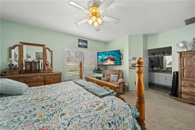 carpeted bedroom with ceiling fan