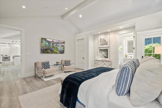 bedroom featuring vaulted ceiling with beams, access to exterior, and light hardwood / wood-style flooring