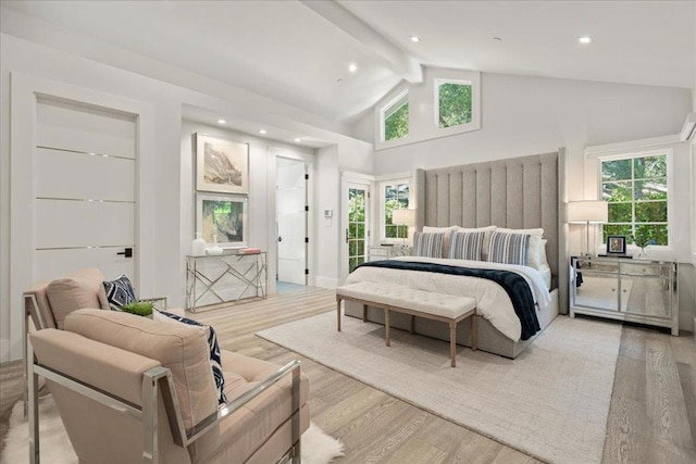 bedroom with beamed ceiling, high vaulted ceiling, light hardwood / wood-style flooring, and access to outside