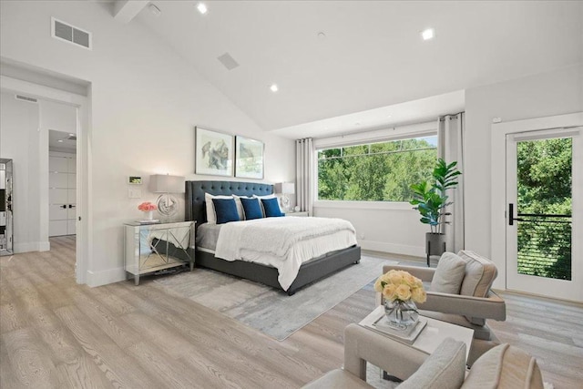 bedroom with access to exterior, high vaulted ceiling, beamed ceiling, and light wood-type flooring