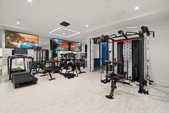 workout area with light carpet