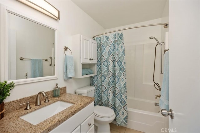 full bathroom featuring toilet, tile patterned flooring, shower / bathtub combination with curtain, and vanity