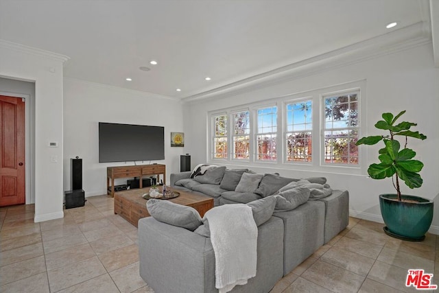 tiled living room featuring ornamental molding