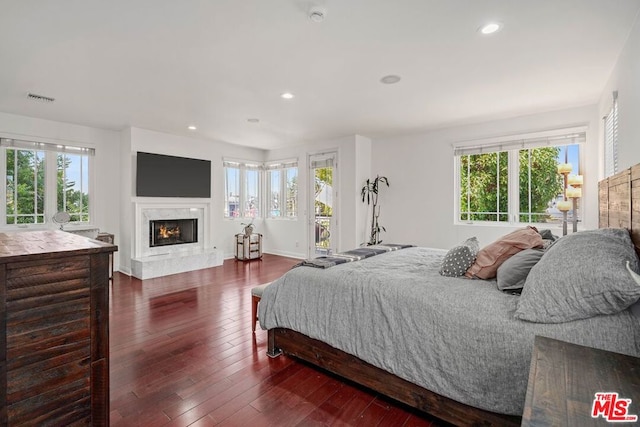 bedroom with a fireplace, dark hardwood / wood-style flooring, and multiple windows