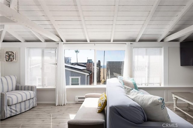 sunroom with vaulted ceiling with beams, wooden ceiling, and a baseboard radiator