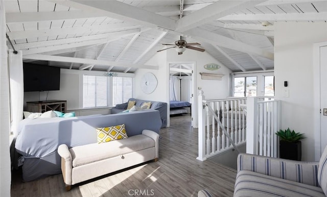 living room featuring wood ceiling, vaulted ceiling with beams, ceiling fan, and wood-type flooring