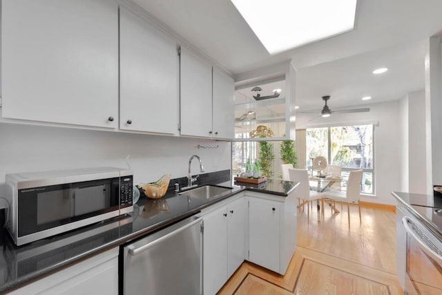 kitchen with white cabinetry, ceiling fan, stainless steel appliances, and sink