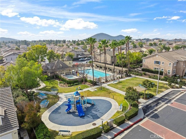 bird's eye view with a mountain view