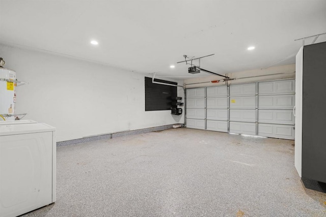 garage featuring gas water heater, a garage door opener, and washer / clothes dryer