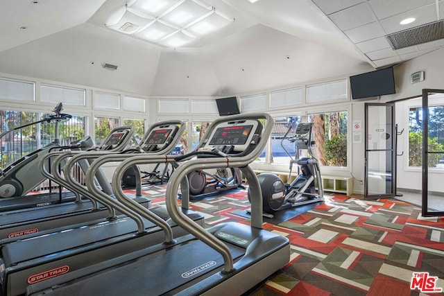 workout area with dark carpet, a wealth of natural light, and a towering ceiling