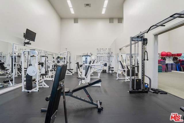 workout area with a towering ceiling