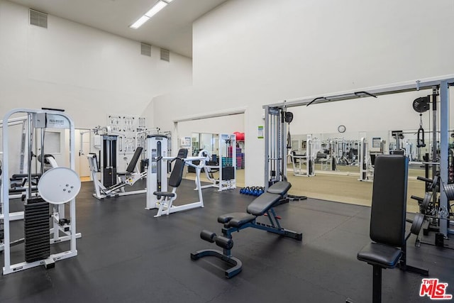 workout area featuring a towering ceiling