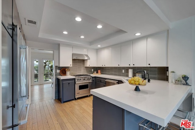 kitchen with range hood, stainless steel appliances, a raised ceiling, and kitchen peninsula