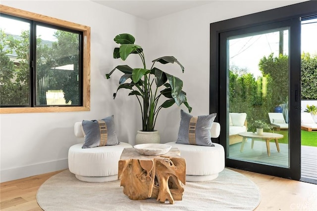 living area featuring baseboards and wood finished floors