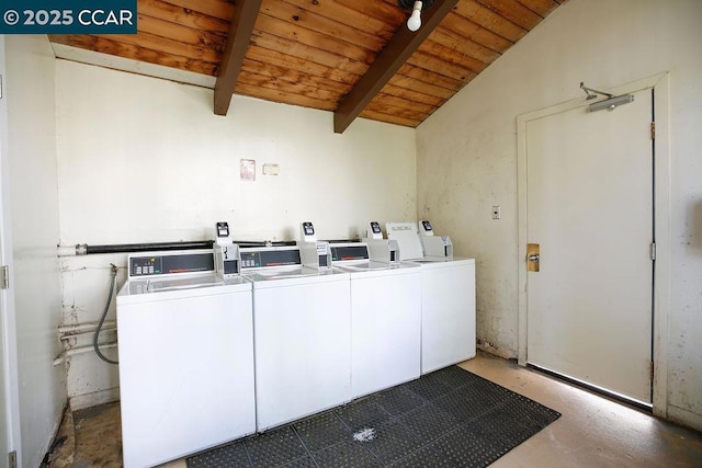 laundry area with wood ceiling