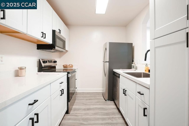 kitchen featuring white cabinets, light hardwood / wood-style floors, sink, and appliances with stainless steel finishes