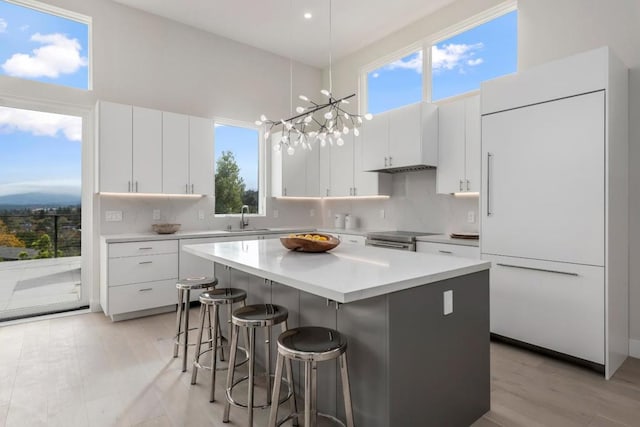 kitchen with white cabinetry, a center island, sink, paneled fridge, and electric stove