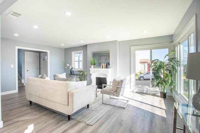 living room featuring plenty of natural light and light wood-type flooring