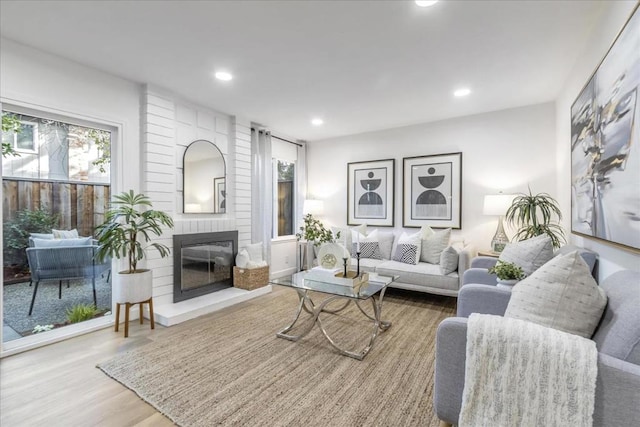 living room with wood-type flooring and a fireplace