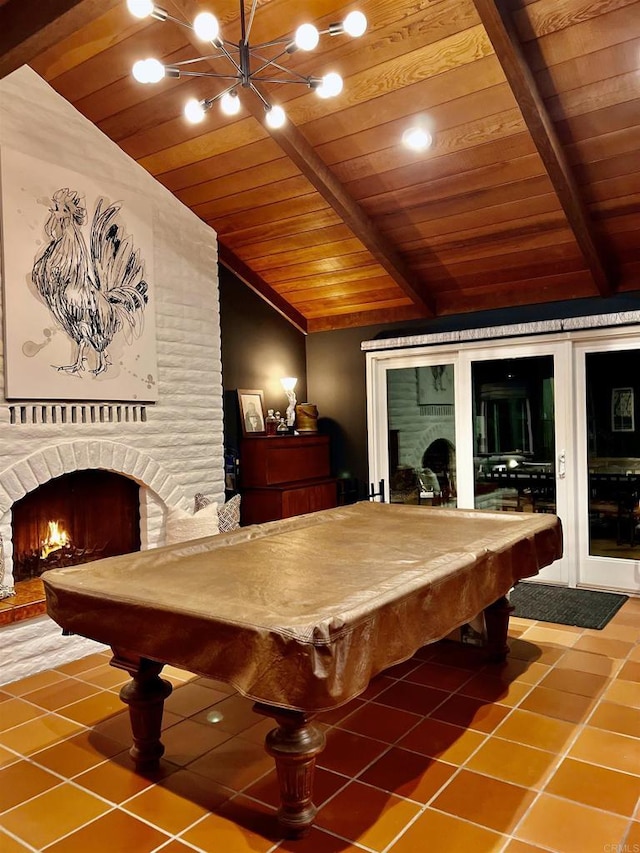 playroom with wooden ceiling, vaulted ceiling with beams, tile patterned floors, billiards, and a fireplace