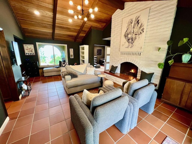 living area featuring lofted ceiling, tile patterned flooring, a brick fireplace, and wooden ceiling