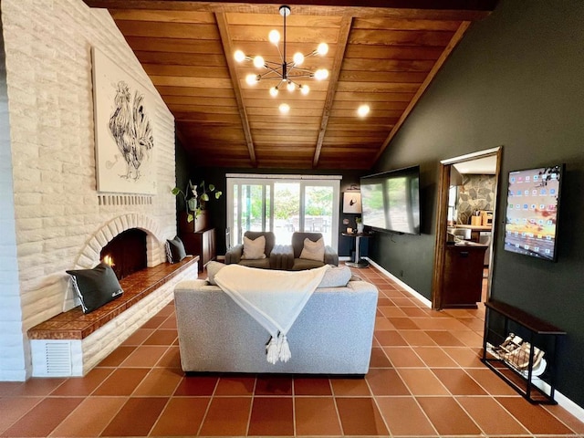 living room featuring wooden ceiling, vaulted ceiling, an inviting chandelier, a brick fireplace, and dark tile patterned flooring