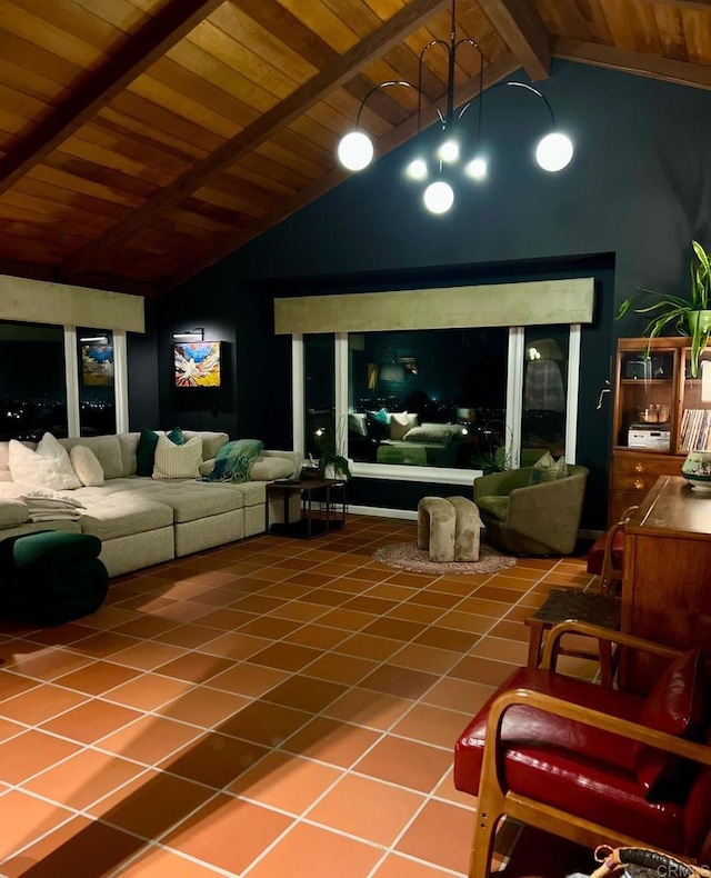 living area featuring beamed ceiling, tile patterned flooring, high vaulted ceiling, and wood ceiling