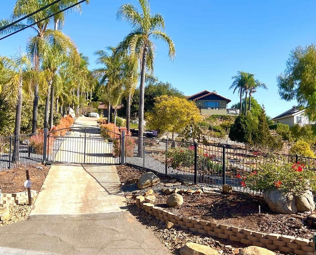 view of property's community featuring fence and a gate
