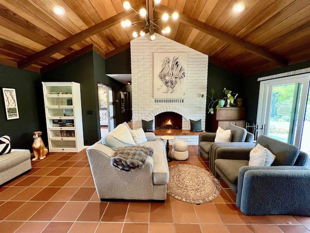 living area with an inviting chandelier, wooden ceiling, lofted ceiling with beams, and a brick fireplace