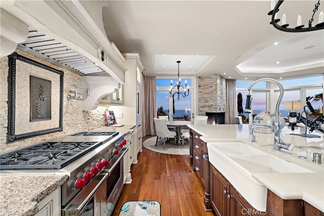 kitchen with sink, dark hardwood / wood-style floors, a tray ceiling, stainless steel stove, and a notable chandelier