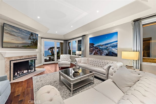 living room featuring hardwood / wood-style flooring and a fireplace