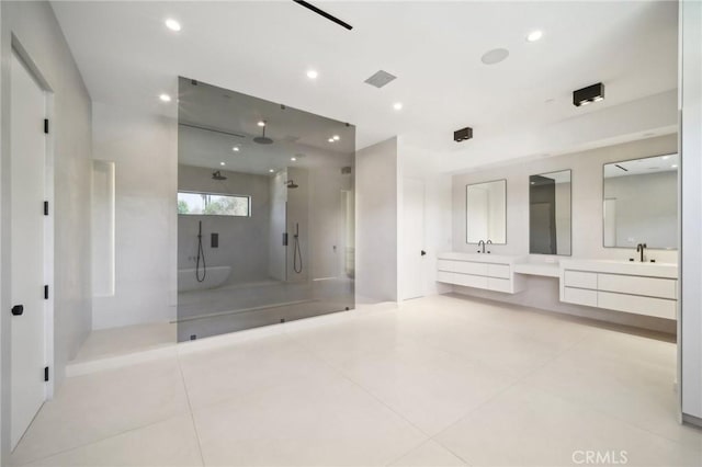 full bath with recessed lighting, visible vents, vanity, a shower stall, and tile patterned floors